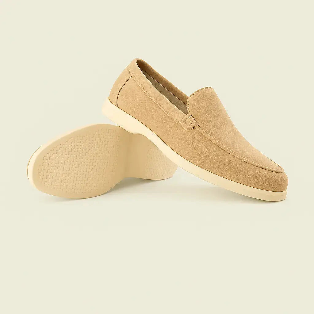 THE CAPRICE SUEDE LOAFERS shown in a lifestyle setting, side angle view