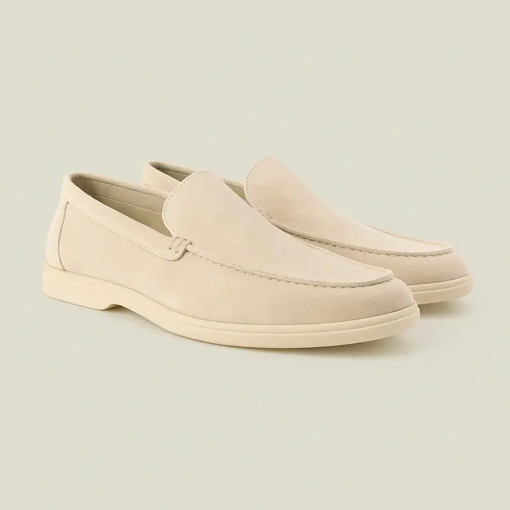 Side view of Beige THE CAPRICE SUEDE LOAFERS