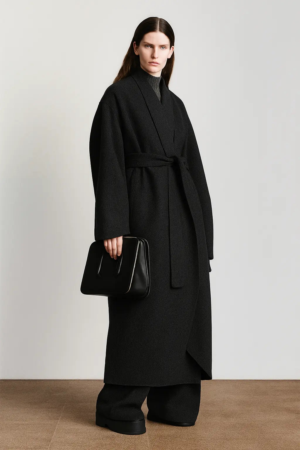 Velour Muse Coat shown in a lifestyle setting, full length view