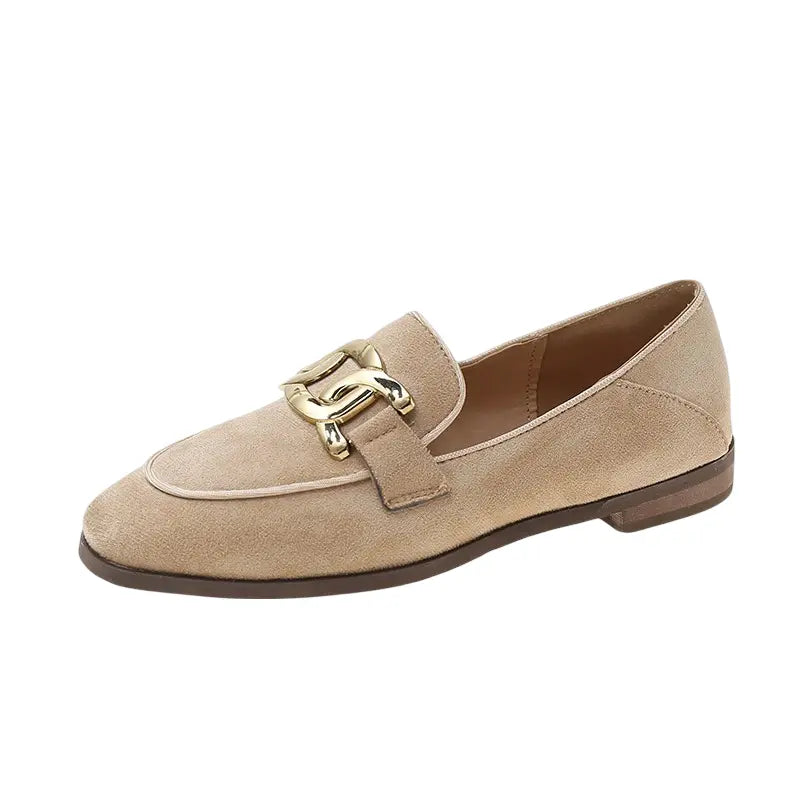Side view of Beige Vintage Flat Suede Loafers
