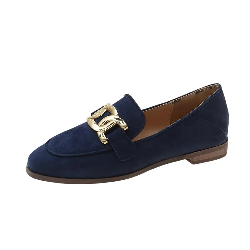 Side view of Navy Blue Vintage Flat Suede Loafers