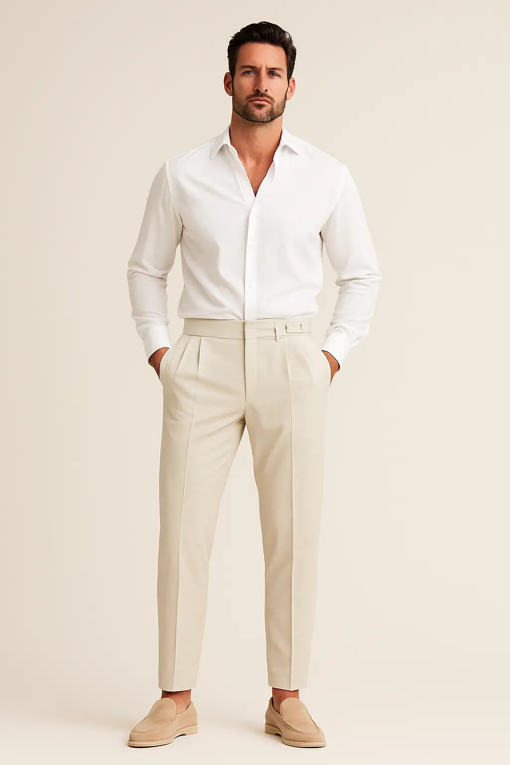 Vintage High-Waisted Slim Pants shown in a lifestyle setting, full length view