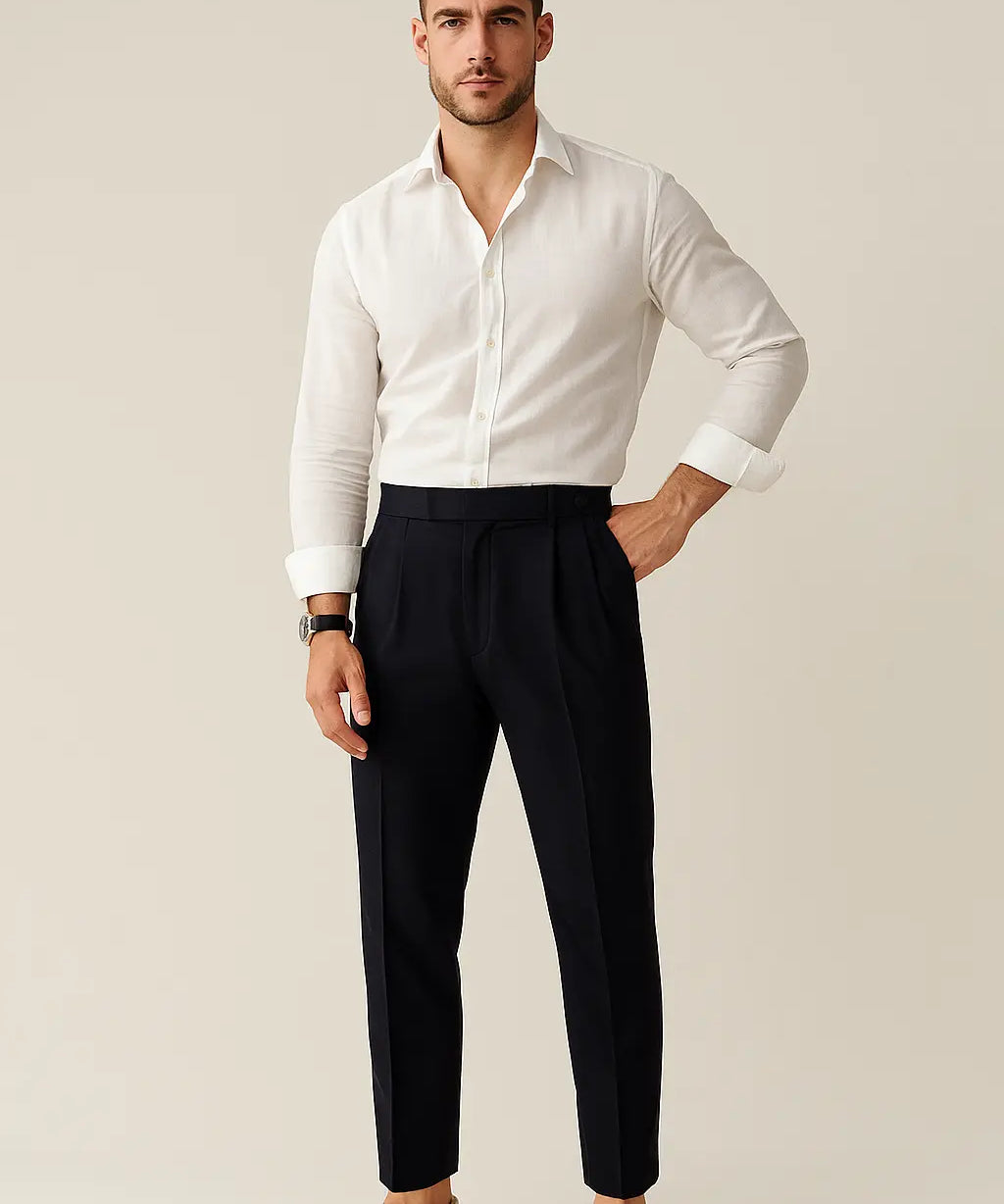 Vintage High-Waisted Slim Pants shown in a lifestyle setting