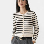 Yacht Striped Cardigan shown in a lifestyle setting, alternate view