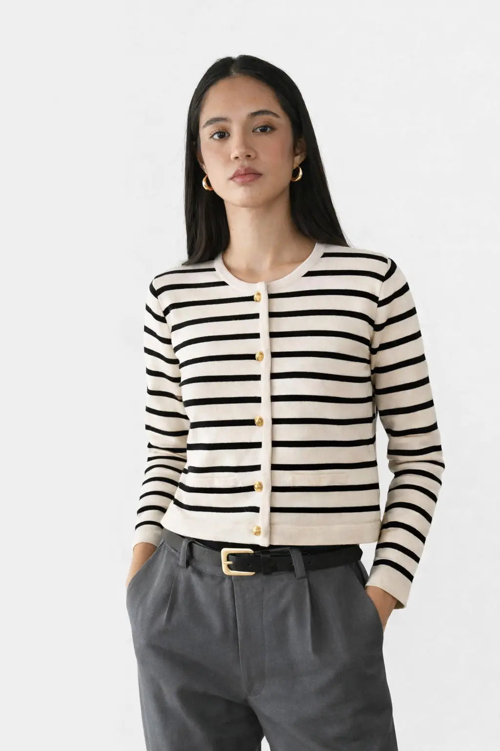 Yacht Striped Cardigan shown in a lifestyle setting, alternate view