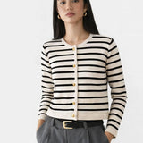 Yacht Striped Cardigan shown in a lifestyle setting, alternate view