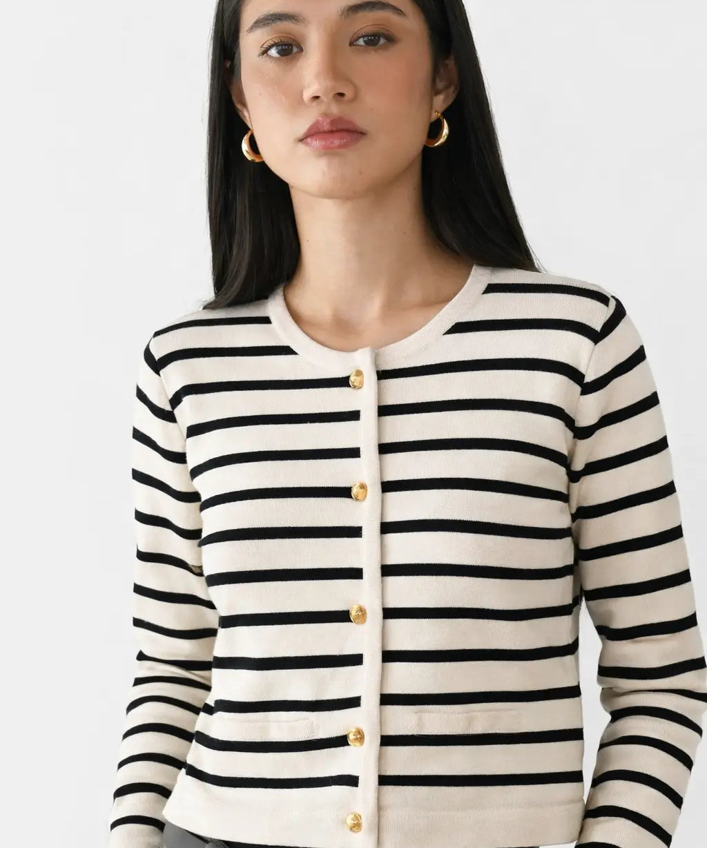 Yacht Striped Cardigan shown in a lifestyle setting