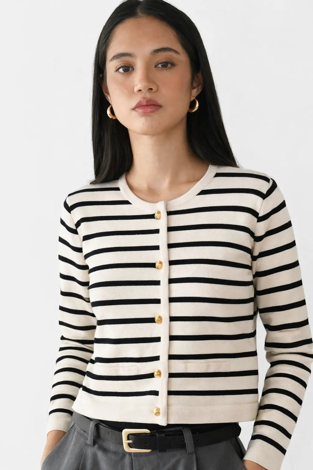 Yacht Striped Cardigan shown in a lifestyle setting